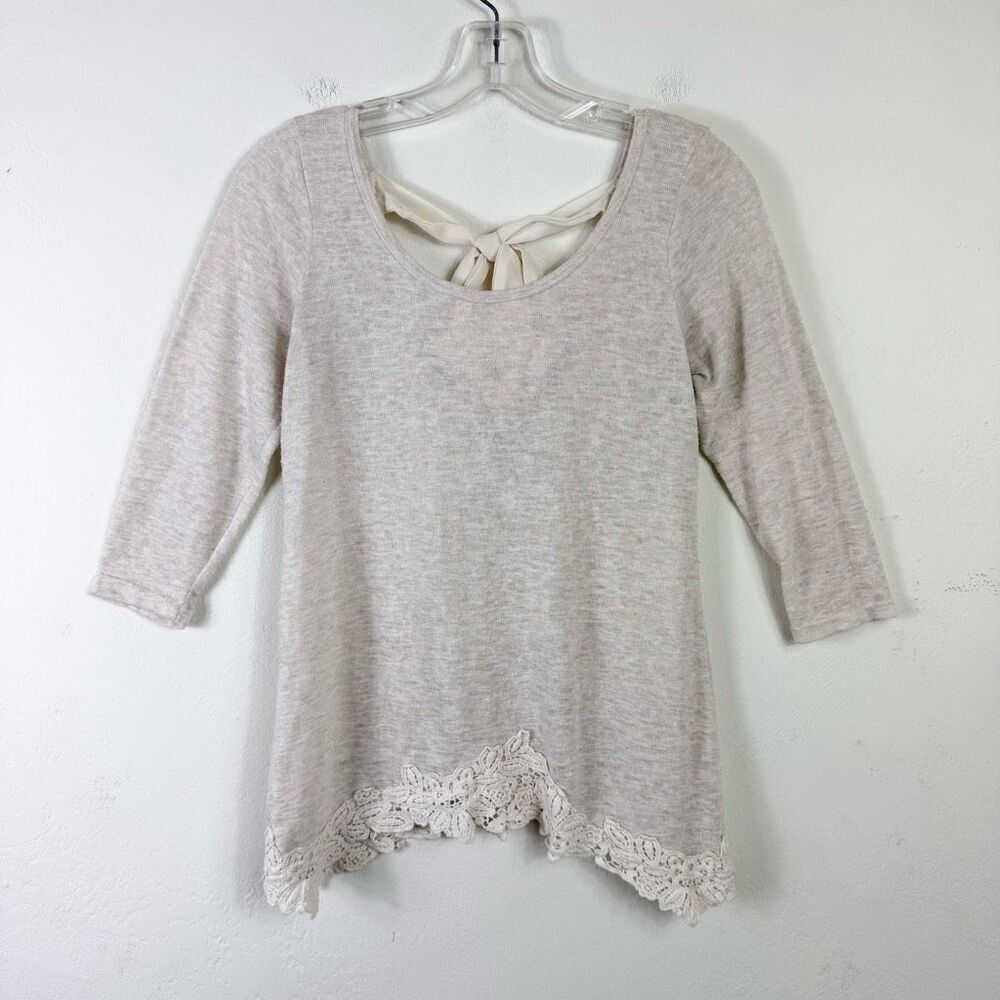 Moa Moa Cream 3/4 Sleeve Knit Sweater Top with Lace Hem & Back Bow Size XS